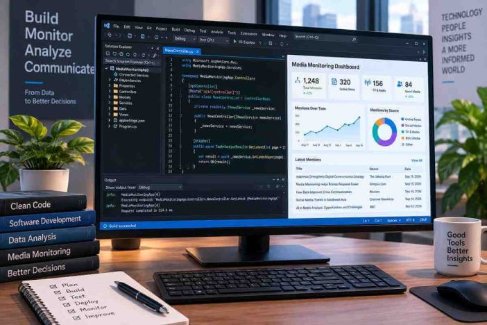 Visual Studio software development concept with code editor and media monitoring dashboard