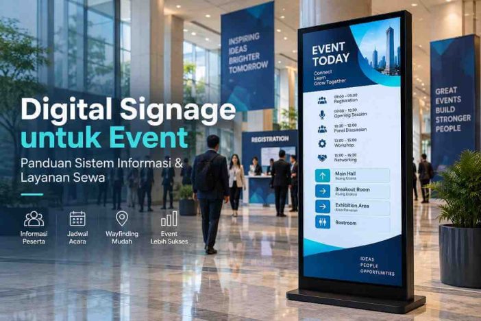 Digital signage untuk event menampilkan jadwal acara, informasi peserta, dan petunjuk arah di lobi konferensi.